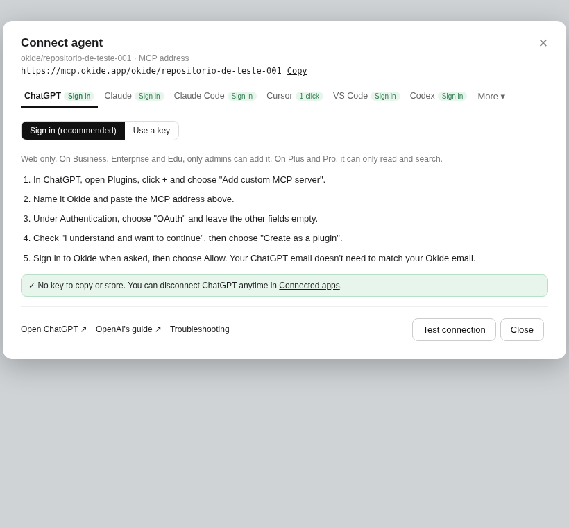Connect agent, ChatGPT, Sign in
