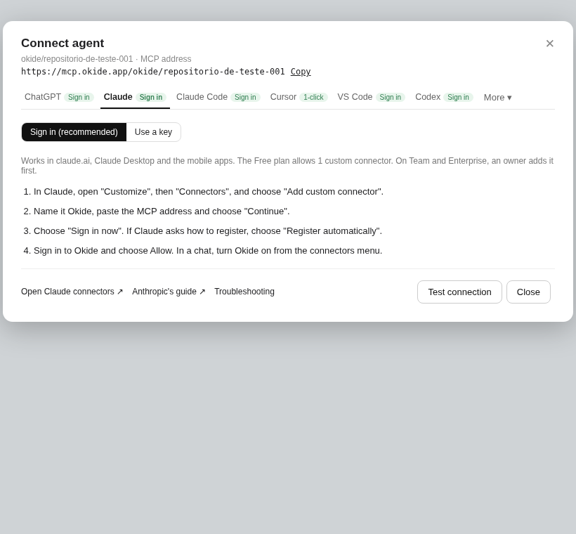 Connect agent, Claude, Sign in