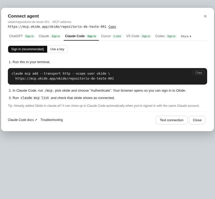 Connect agent, Claude Code, Sign in