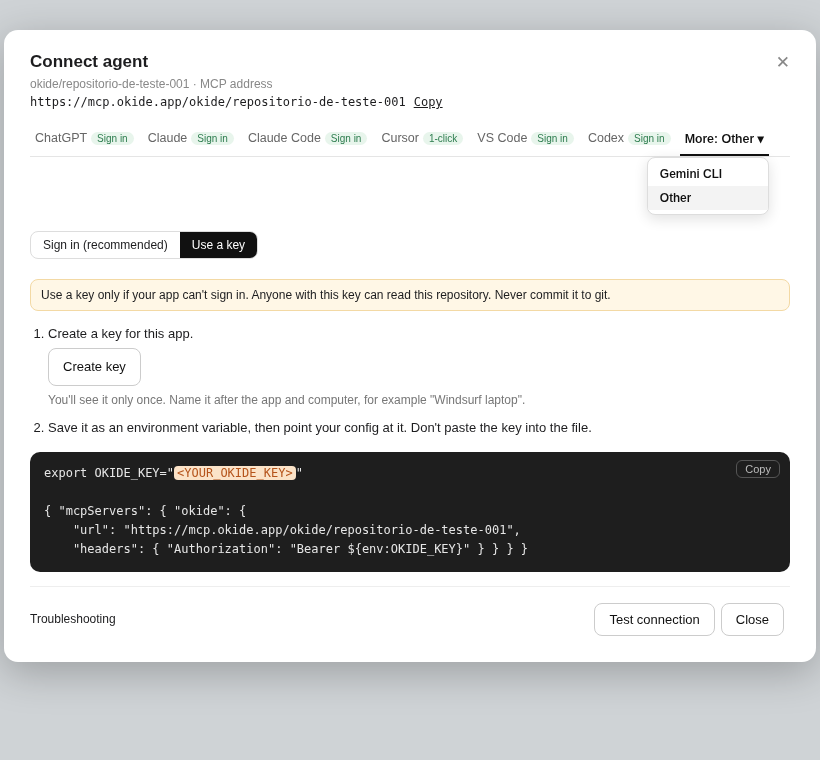 Connect agent, use a key